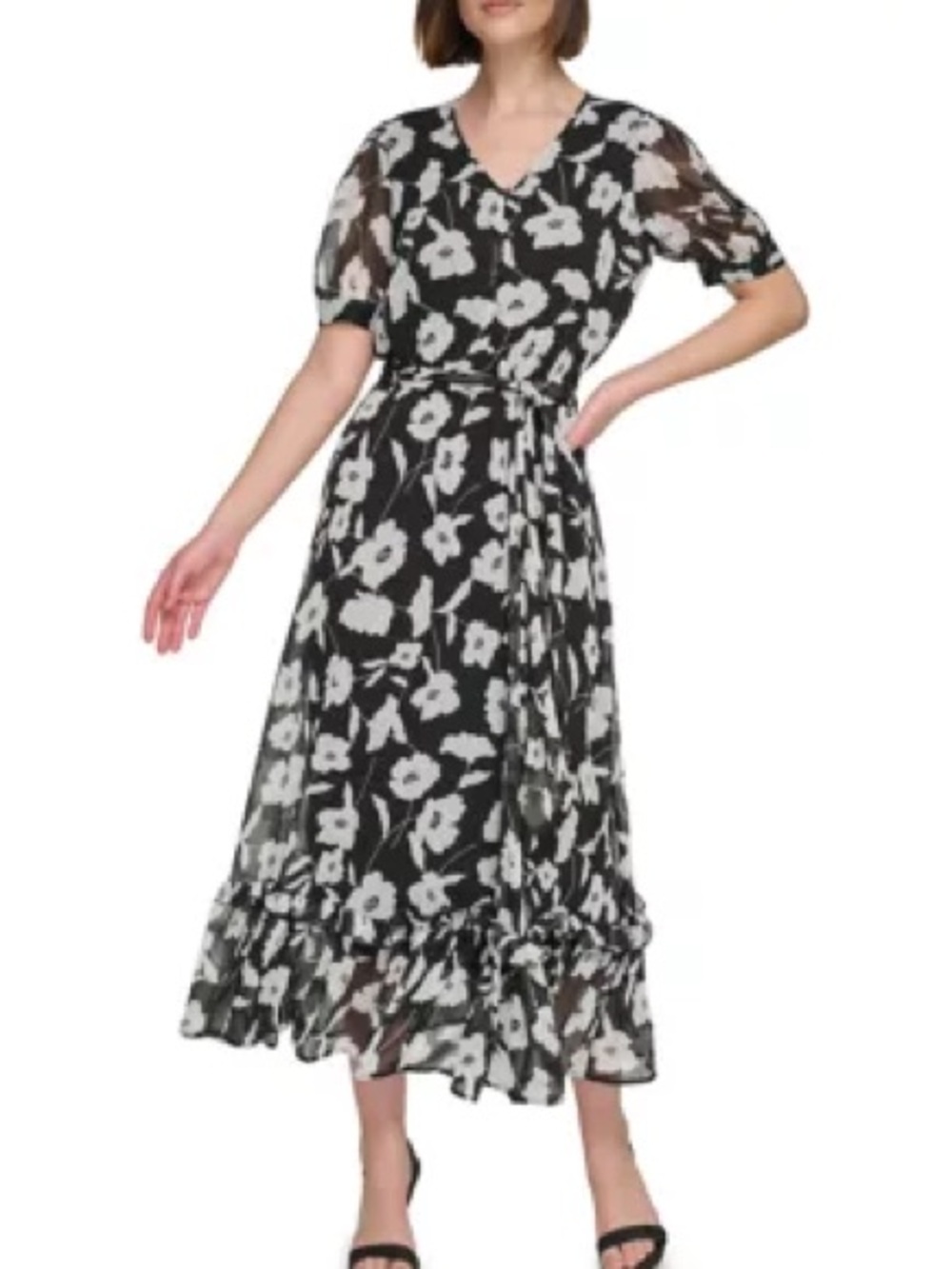 Calvin Klein Black and White Floral Wrap Midi Dress